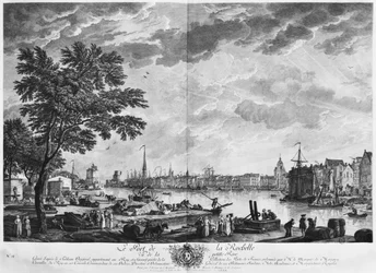 Přístav La Rochelle, viděný z malého břehu, série „Francouzské přístavy“, rytina Charlese Nicolase Cochina mladšího (1715-90) a Jacquese Philippa Le Base (1707-83), 1767